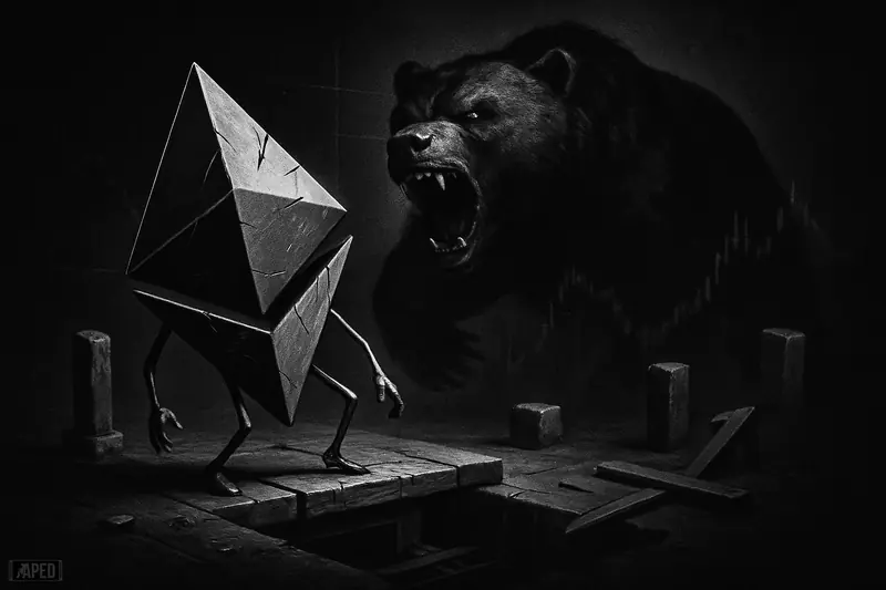 A fractured ethereum crystal teeters over a trapdoor while a smoky bear looms behind in a dark grayscale market scene.