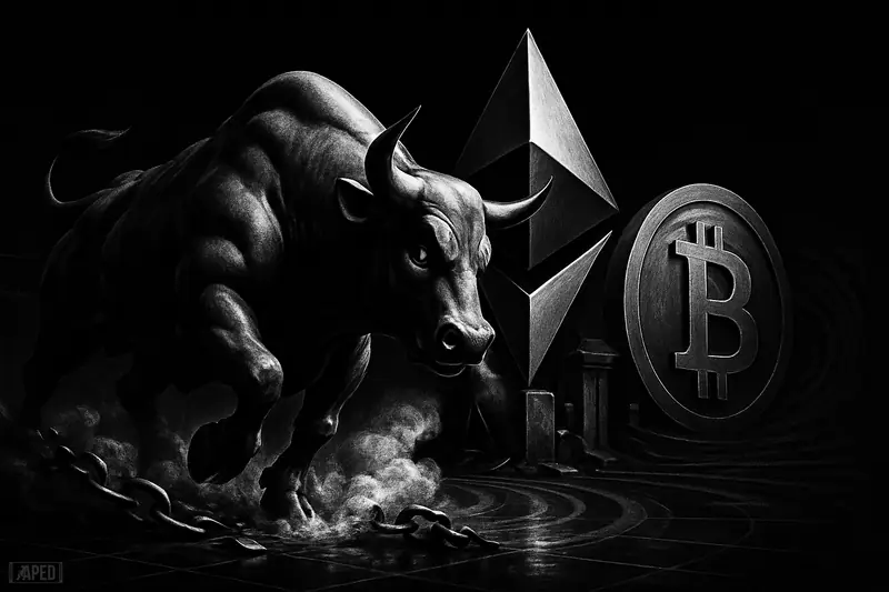 A charging bull leads a grayscale crypto rally as an ethereum-like crystal edges ahead of a rolling bitcoin-like metal form.
