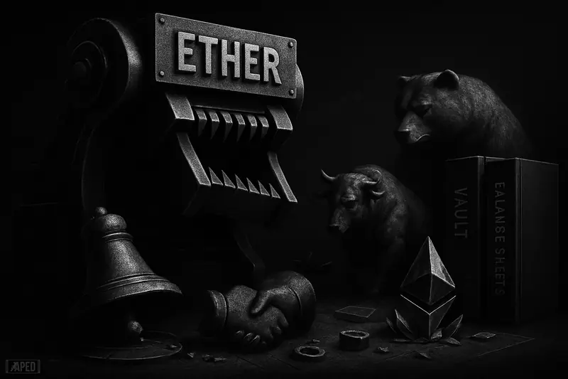 A stalled industrial machine looms over a broken exchange bell, with a slumping bull, looming bear, and fractured crystal in a dark trading-floor scene.