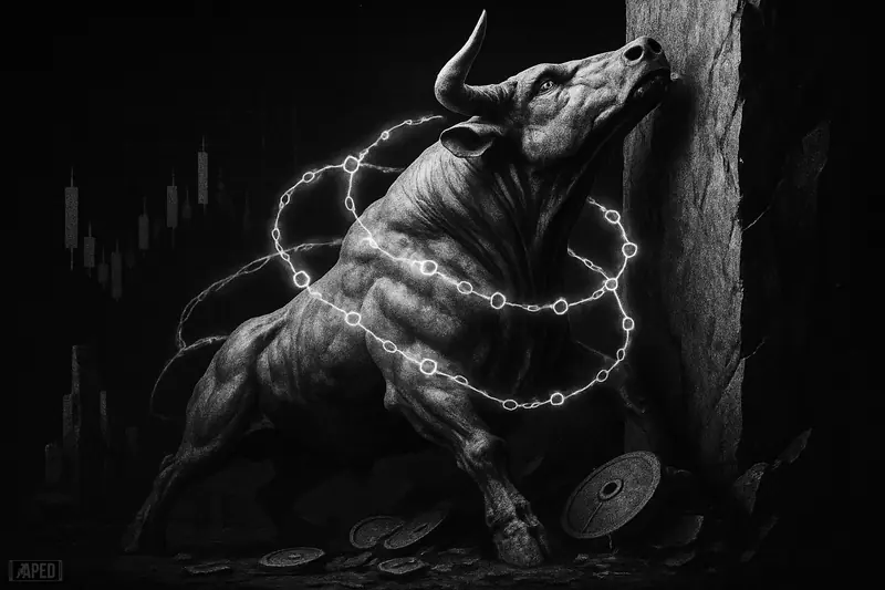 A grayscale bull pushes against a towering barrier as network nodes swirl around it above broken market stones in a dark data-grid scene.