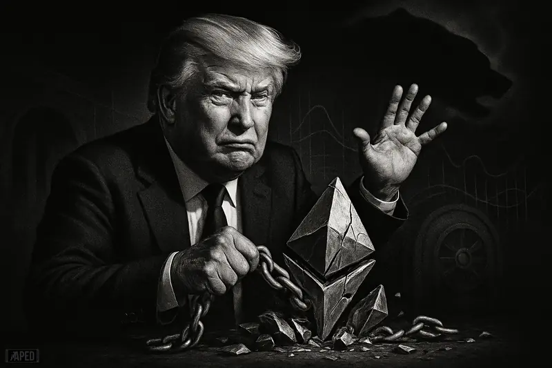 A grayscale caricature of Donald Trump tugging chains from a crystal monolith as a smoky bear trap looms in a dark market setting.