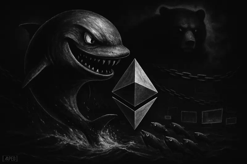 A giant sinister whale looms over a cracked Ethereum crystal as shadowy fish rise below and a smoky bear dominates the dark backdrop.