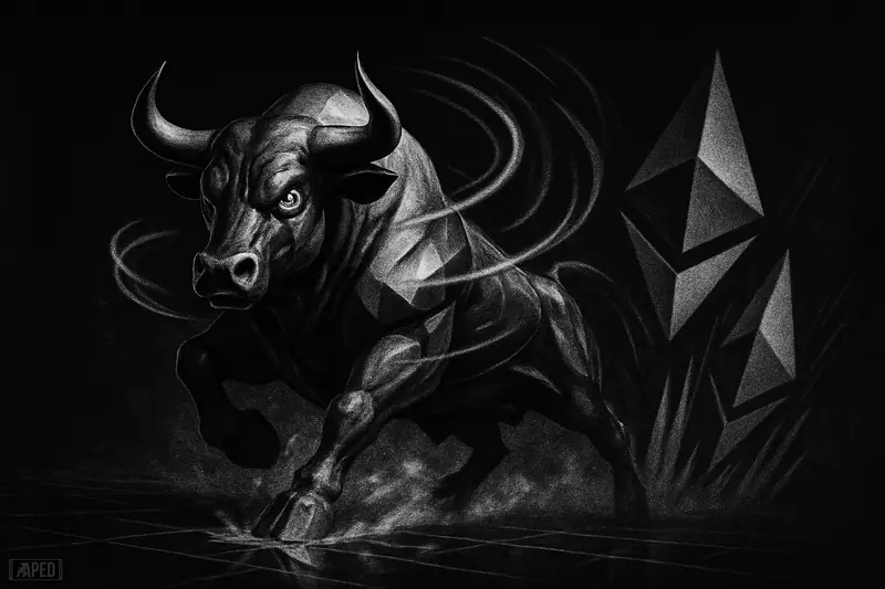 A metallic bull with Ethereum-like geometry charges across a dark trading floor, surrounded by abstract market currents and derivative rings.