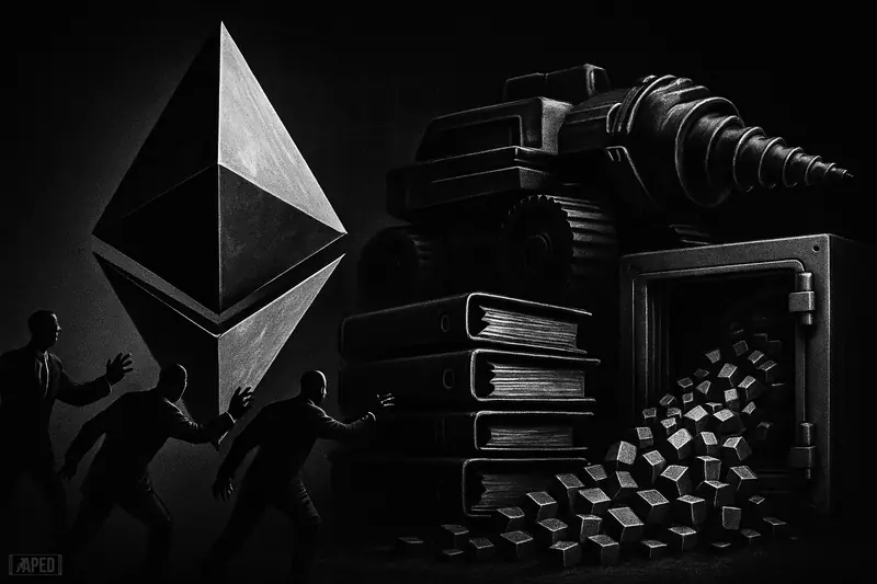 A giant Ethereum-like crystal draws in suited corporate figures as a mining machine and vault suggest institutional accumulation in a dark grayscale scene.