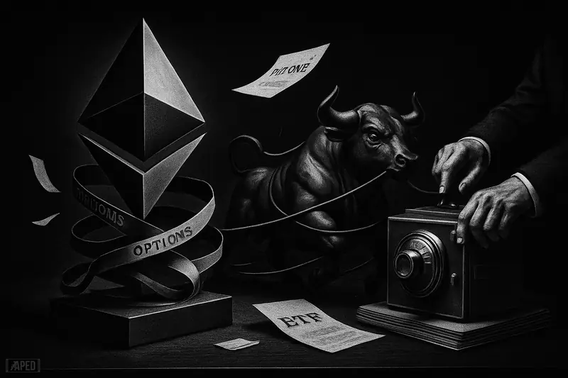 A metallic Ethereum monument on a trading desk, wrapped in options ribbons, with income slips falling and a restrained mechanical bull behind it.