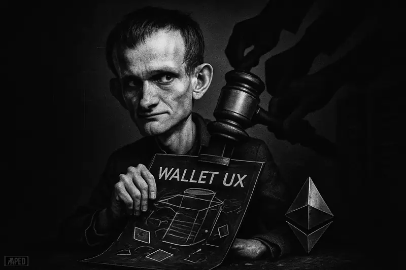 Vitalik Buterin, exaggerated and photoreal, watches shadowy hands slam a gavel onto his UX blueprint amid falling transaction frames.