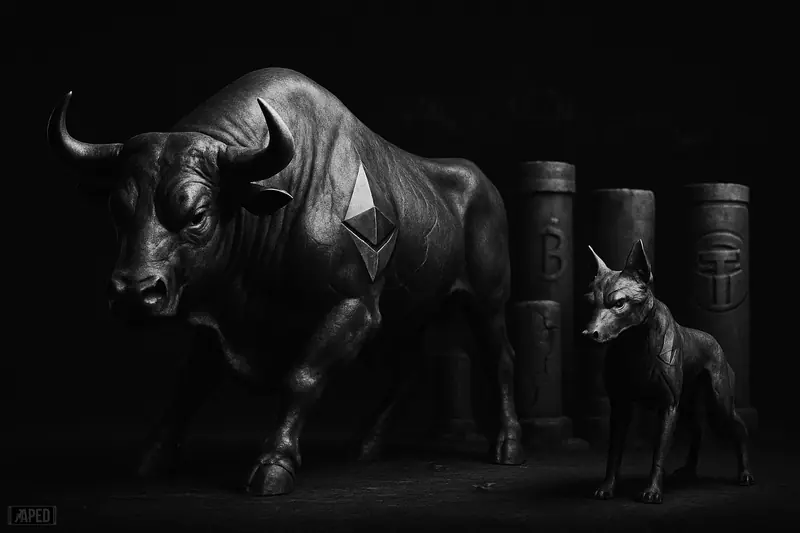 A strained metallic bull and a lean wolf-like creature sag slightly before sturdy market pillars in a dark grayscale crypto trading scene.
