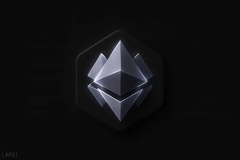 Glowing violet crystal fragments converge into a single interconnected structure on a dark black background with subtle neon network lines