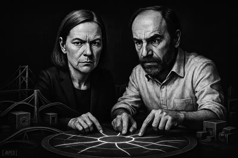 Friederike Ernst and Jordi Baylina stand over a unified network hub as fragmented crypto pathways merge in a dark grayscale scene.