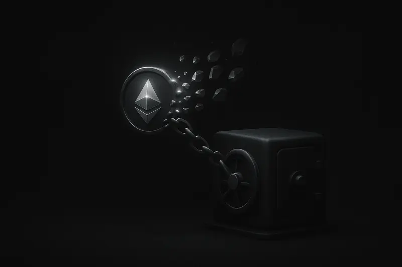Glowing hexagonal coin fragments stream away from a dark exchange grid into crystal-like nodes and a closed metal vault.