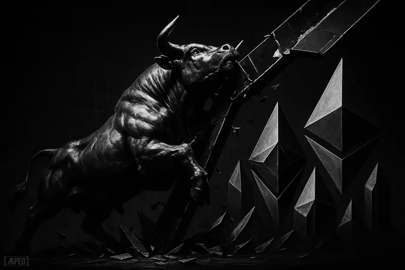 A metallic bull charges upward through a shattered descending barrier amid Ethereum-like crystal forms on a dark grayscale financial scene.