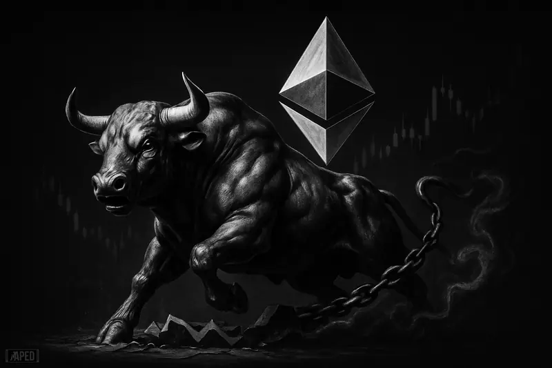 A grayscale metallic bull charges upward beneath a hovering crystal network, while smoky chain coils imply a fragile squeeze-driven crypto rebound.