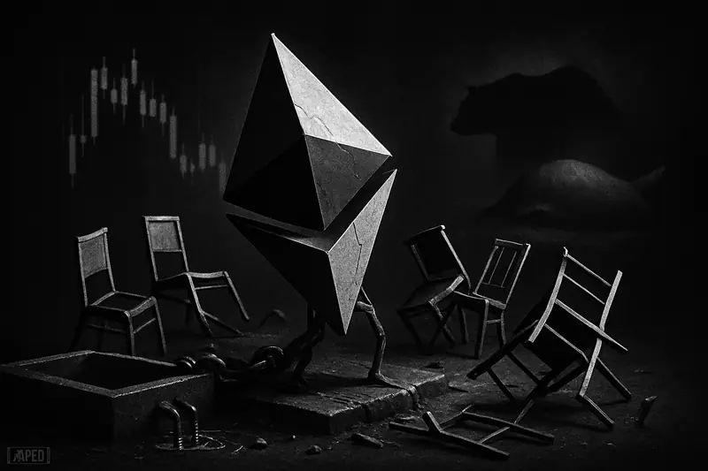 A wobbling Ethereum crystal stands amid collapsing chairs, ghostly chart lights, a shadowy bear, and a dormant whale in a dark grid.