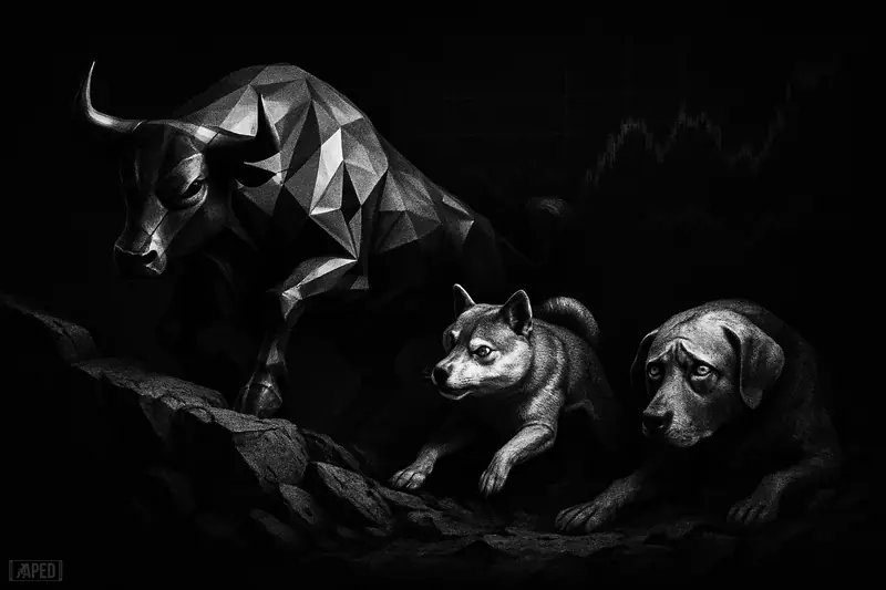 A metallic bull climbs upward while two dog figures diverge behind it, one scrambling higher and one lagging on unstable ground.