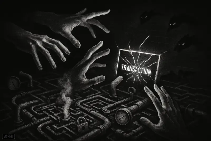 A dark grayscale labyrinth of tangled blockchain machinery breaks apart as ghostly hands hesitate and shadowy predators circle behind.