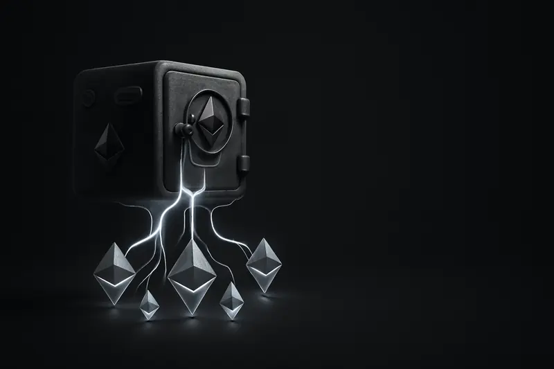 Dark vault-like cube dissolves into a lattice of glowing crystalline nodes, with soft purple light and floating particles on black.