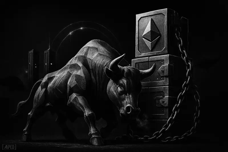 A muscular metallic bull stands before vault blocks and validator towers in a dark grayscale scene symbolizing Ethereum staking and tightening supply.