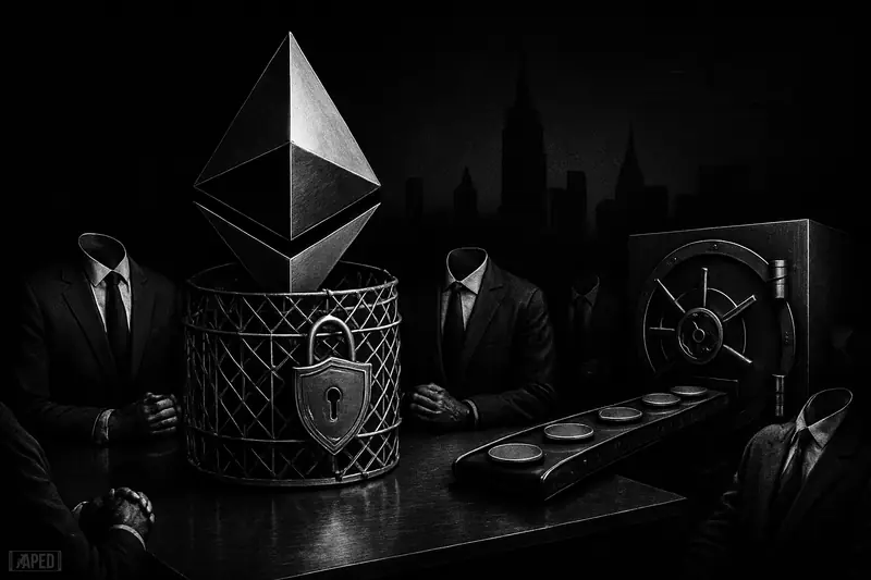 A towering Ethereum diamond floats over a boardroom table, surrounded by empty suits, a quantum lock cage, and a dark NYC skyline.