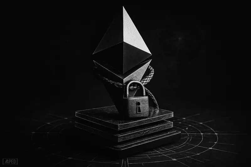 A giant Ethereum-like crystal on a server pedestal, locked and wired, surrounded by layered circuit plates and eerie quantum patterns in darkness.