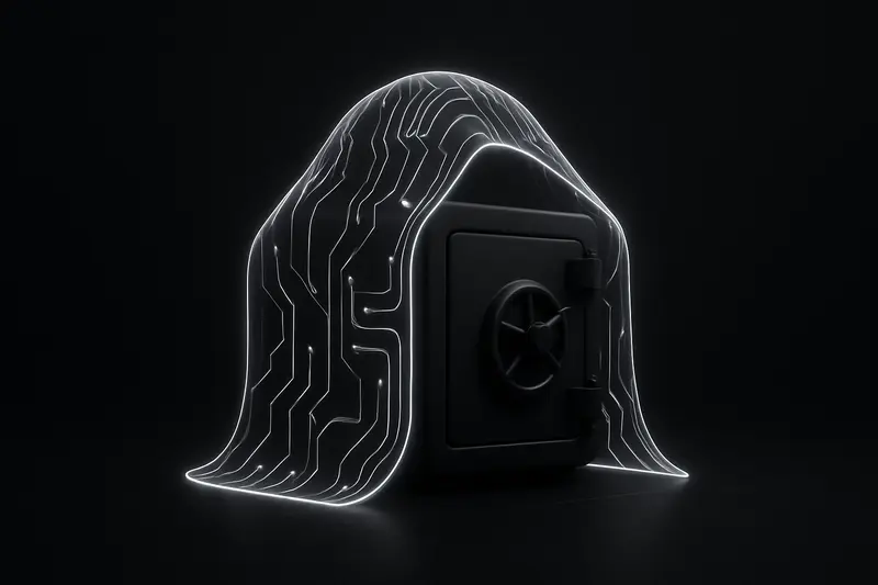 A dark open vault surrounded by a translucent glowing mesh of circuit lines, with faint blockchain nodes on black.