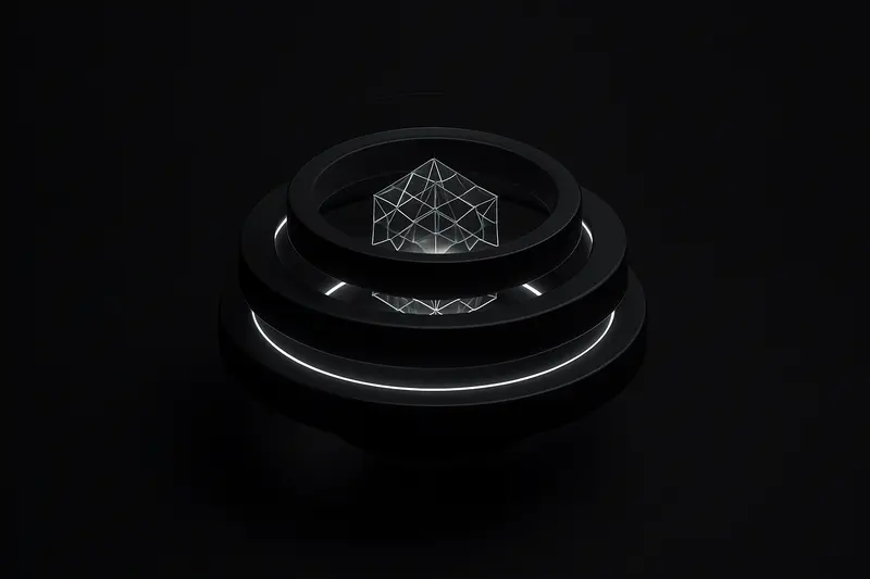 A dark background with a luminous segmented ring circling a faceted crystal, with faint circuit traces and subtle neon glow.