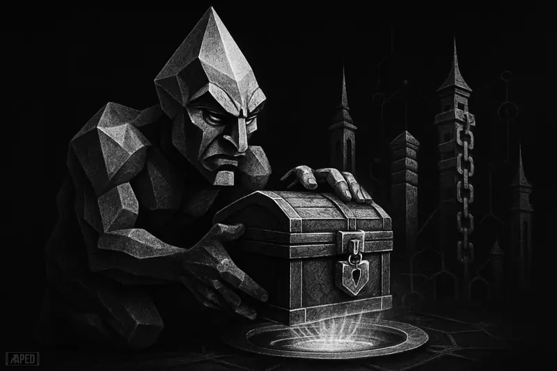 A stone-like Ethereum guardian lowers a treasury vault into a staking device amid dark validator spires and a faint data grid.