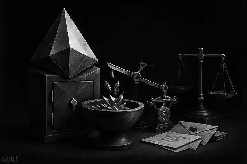 A dark grayscale scene shows a crystalline treasury vault steadily feeding assets into a stable reserve vessel through a precise mechanical transfer device.