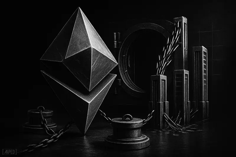 A giant Ethereum-like crystal vault feeds into staking machines in a dark grayscale financial scene with moody lighting and a faint data grid.