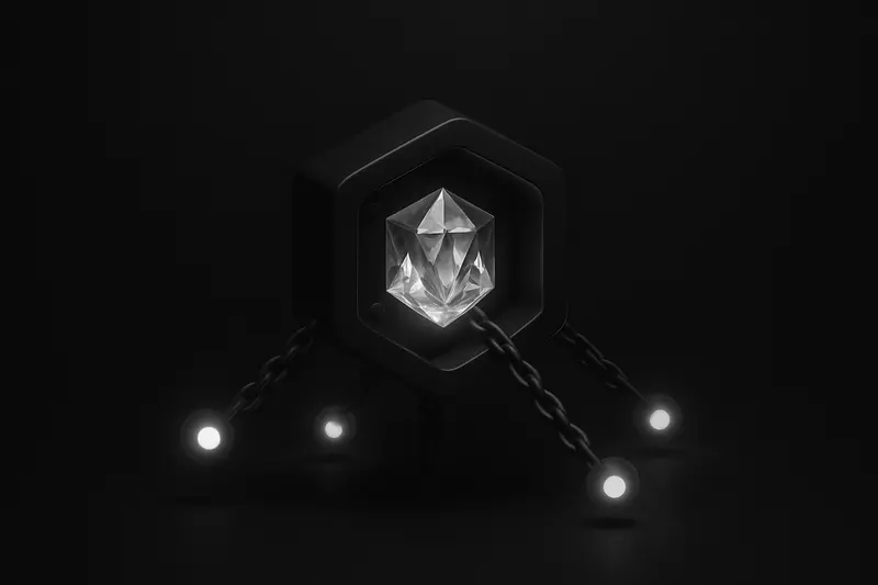 On a dark background, a faceted vault releases luminous particles into a linked chain of glowing network nodes.