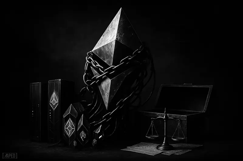 A towering crystalline staking monolith rises from a dark vault, surrounded by servers, chains, a treasury chest, and a faint data grid.