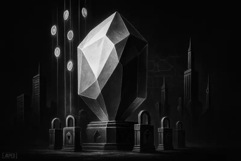 A massive faceted vault feeds glowing energy into validator towers in a dark grayscale scene with a faint data-grid backdrop.