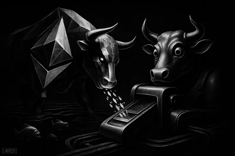 A crystalline ether beast feeds a guarded trading machine as shadowy predators circle in a dark grayscale DeFi market scene.