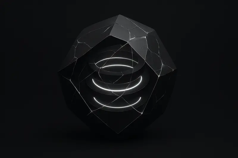 Dark cover with concentric neon rings stacked like layers, encased in a fractured prism shell against a black background.