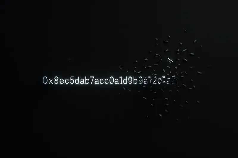 Glowing hex-like address ribbon on a dark background, breaking into many tiny luminous shards that surround it.