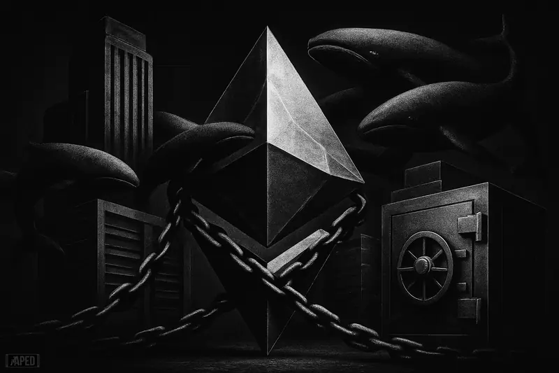 A giant crystalline Ethereum-like beacon is wrapped by whales and chained to vaults in a dark grayscale financial scene.
