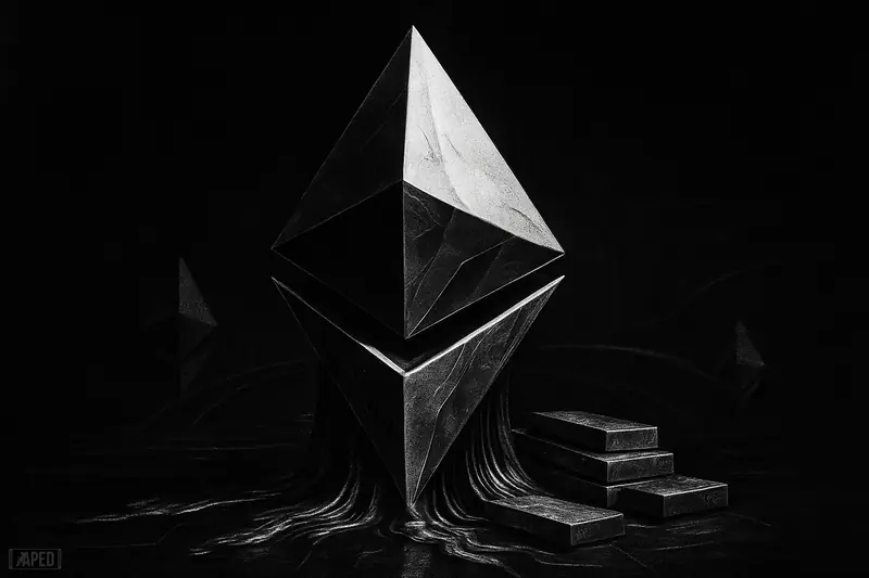 A giant crystal-like Ethereum monolith towers over flowing metallic assets and liquidity streams in a dark grayscale financial scene.