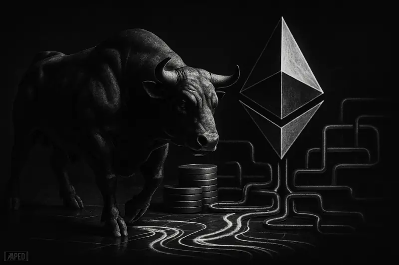 A monochrome bull stands over flowing liquidity streams feeding a crystalline Ethereum-like structure in a dark, data-grid financial scene.