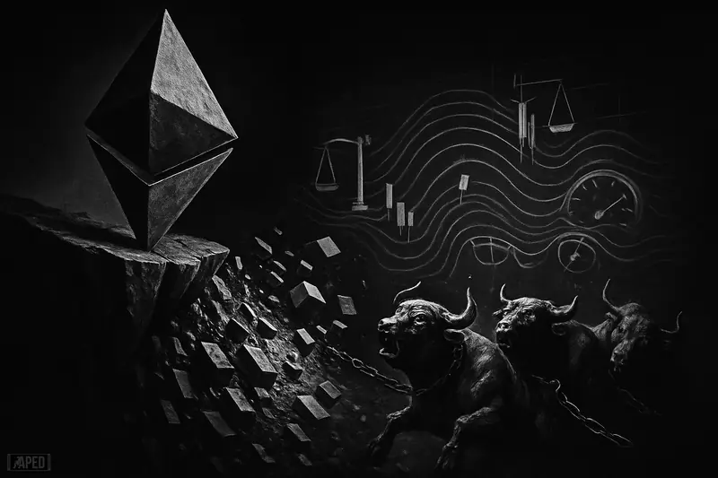 A giant Ethereum crystal tips over a cliff as chained metallic bulls panic above a dark abyss and heatmap ripples glow behind them.