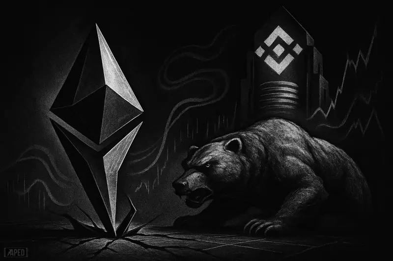 A grayscale ethereum crystal struggles upward while a shadowy bear stalks nearby and exchange-like structures loom in a dark data-grid backdrop.