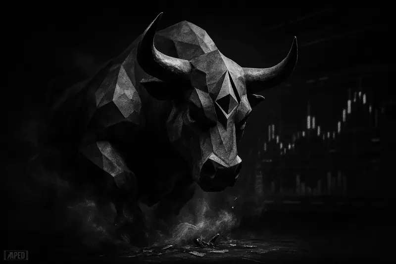 A stone bull with Ethereum-like crystal facets charges through a dark trading floor amid smoky charts and dramatic grayscale lighting.