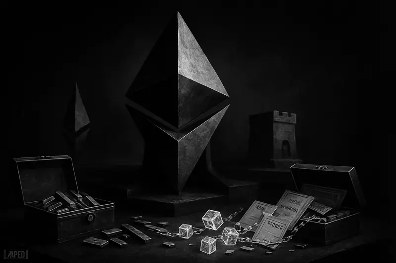 A towering crystalline Ethereum-like monolith dominates tokenized real-world assets on a dark trading floor, with smaller rival chain symbols behind it.