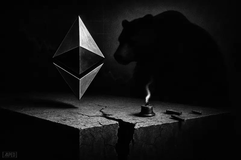 A grayscale Ethereum diamond hovers over a cracked ledge as a bear shadow advances; a tiny flame sputters against a dark data-grid background.