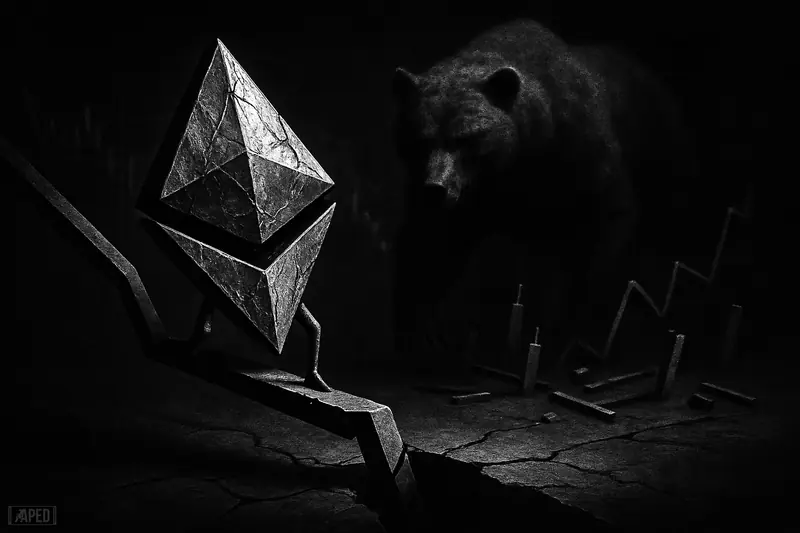 A metallic Ethereum-like crystal teeters over a cracked ledge as a smoky bear stalks forward in a dark grayscale market scene.