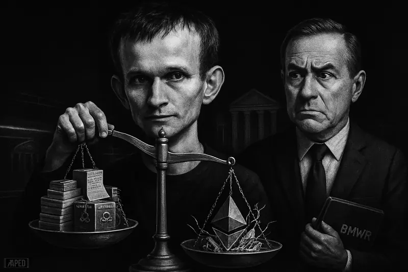 Vitalik Buterin and a tense suited executive study an imbalanced scale between tokenized assets and weakened ETH in a dark grayscale scene.