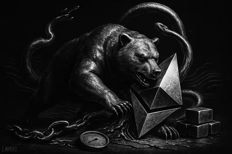 A giant metallic bear struggles as a liquid serpent surges upward around a crypto totem in a dark grayscale trading scene.