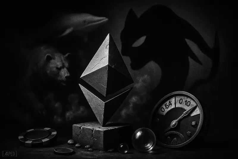 A tilted ethereum monument in grayscale as ominous betting objects, a bear, and a rival shadow suggest rising odds of decline.