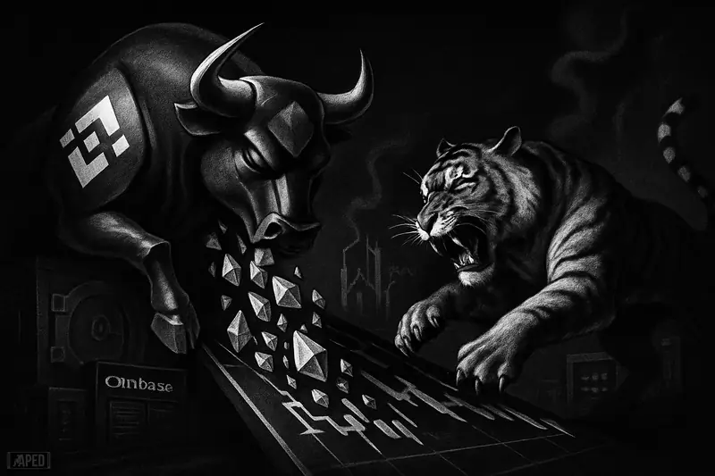 A metallic exchange beast dumps ether crystals as a tiger buys the سقوط on a dark trading-floor scene.