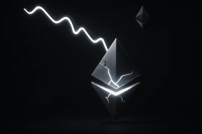 On a black background, a luminous crystalline orb with staking-like rings is fractured by a sharp red downward zigzag line.