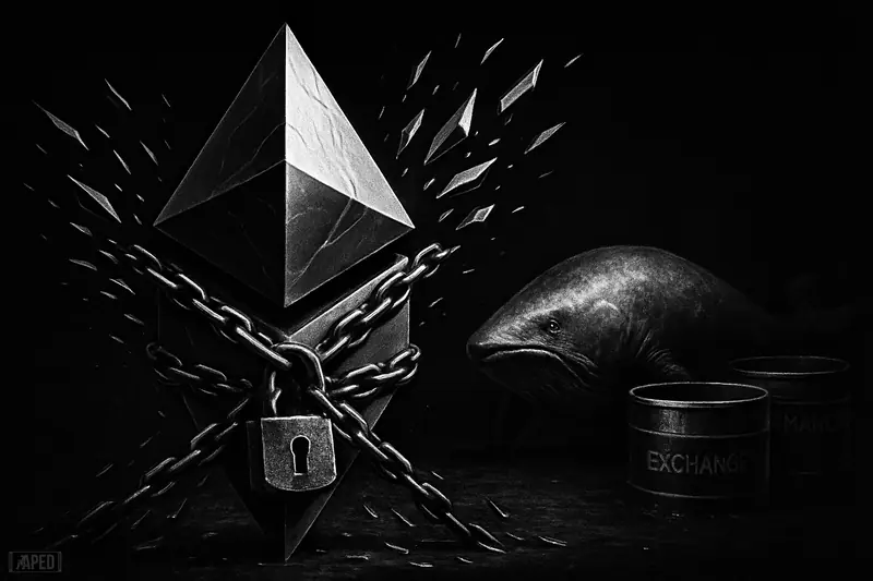 A faceted Ethereum-like obelisk is locked and drawing in metallic shards as drained reservoirs and a whale-shaped vault suggest tightening supply.