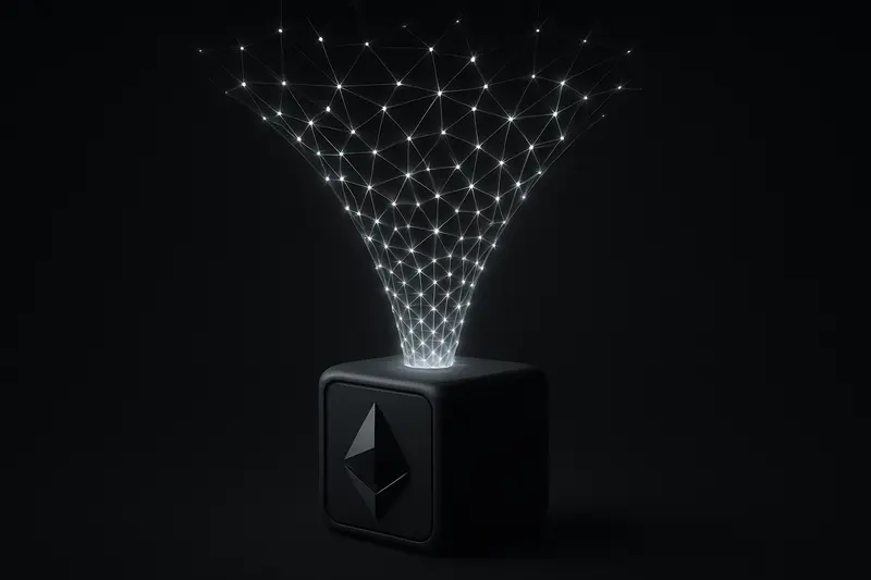 Glowing violet network nodes converge into a central black metallic ring, with faint circuit lines on a dark background.